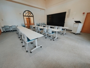 Classroom Furniture with stacking chairs and flip-top tables