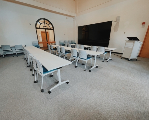 Classroom Furniture with stacking chairs and flip-top tables