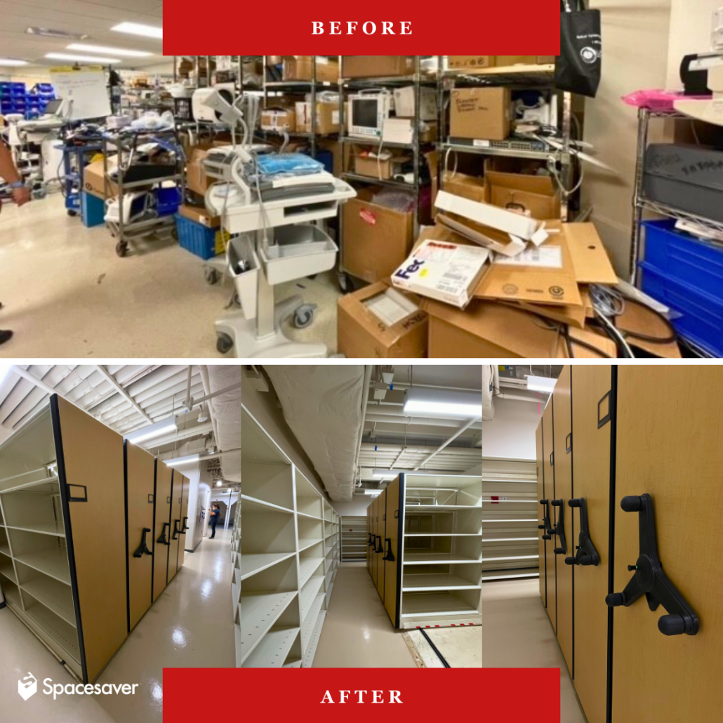 Before and After Spacesaver Mechanical Assist in Healthcare Space